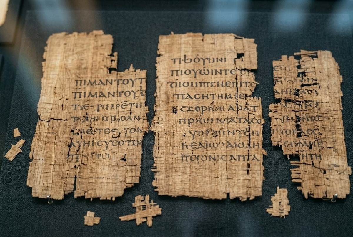 Ancient papyrus fragments from Nag Hammadi Codex VII showing Coptic text of the Second Treatise