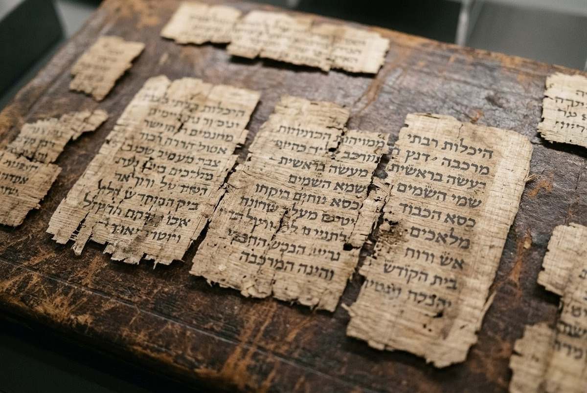 Ancient weathered papyrus fragments with Hebrew mystical text from Hekhalot literature in museum archival lighting
