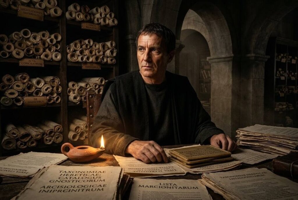 Shadowy Roman bureaucrat surrounded by heresiological classification ledgers