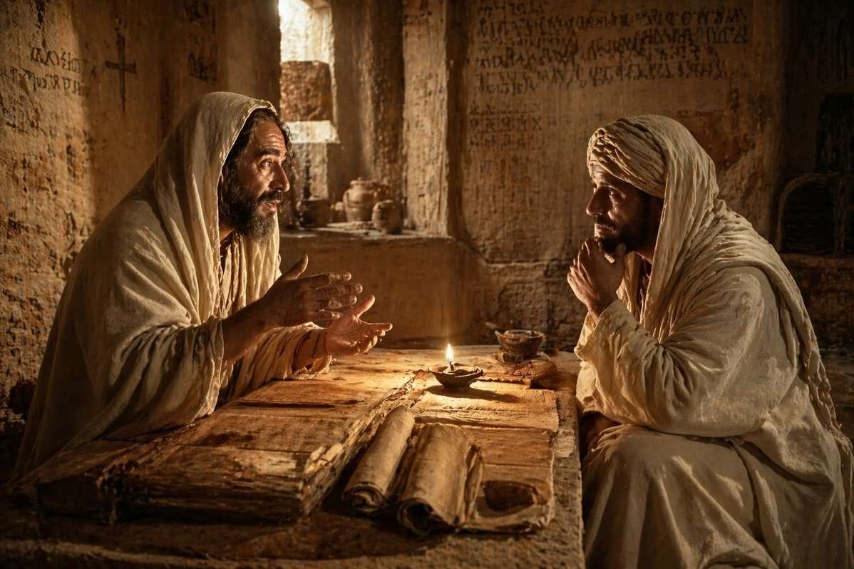 Ancient Egyptian desert monastery with scrolls and papyri on stone table