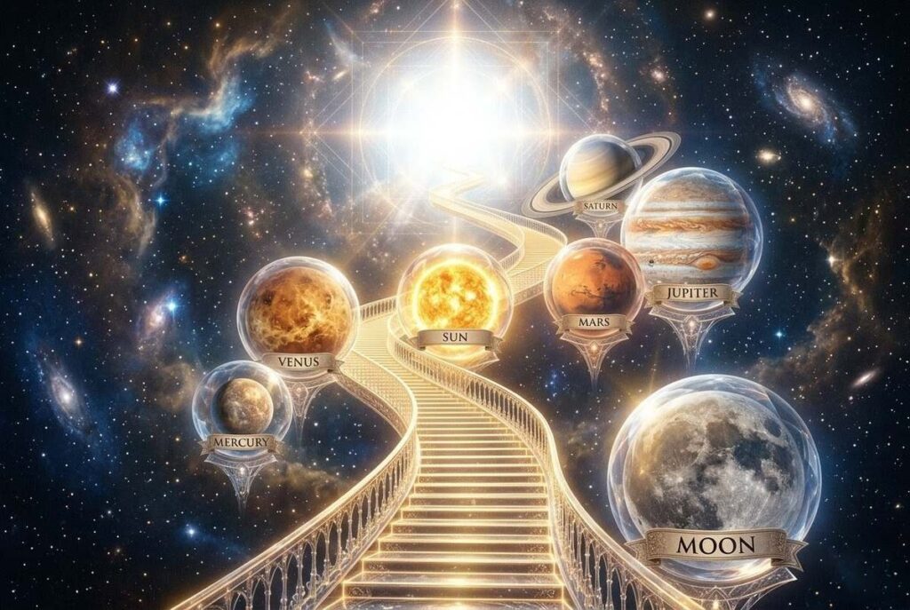 Soul ascending through planetary spheres toward the eighth and ninth celestial realms