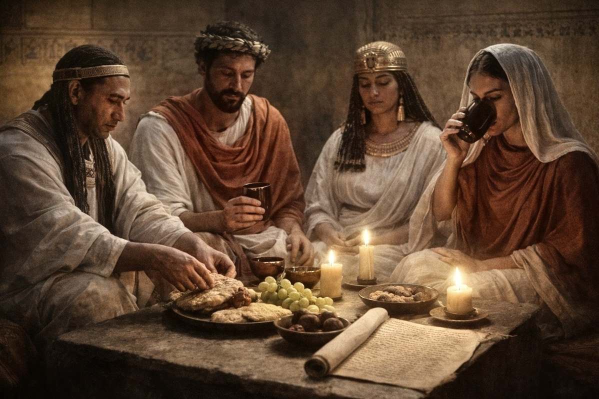 Ancient depiction of Hermetic practitioners sharing a communal vegetarian meal after prayer