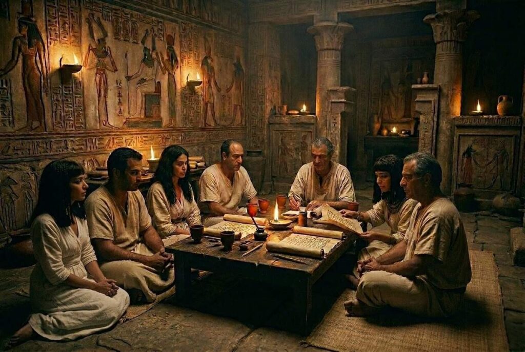Ancient Hermetic ritual scene with cup of wine and communal meal in Egyptian setting, representing the liturgical practice of NHC VI,7