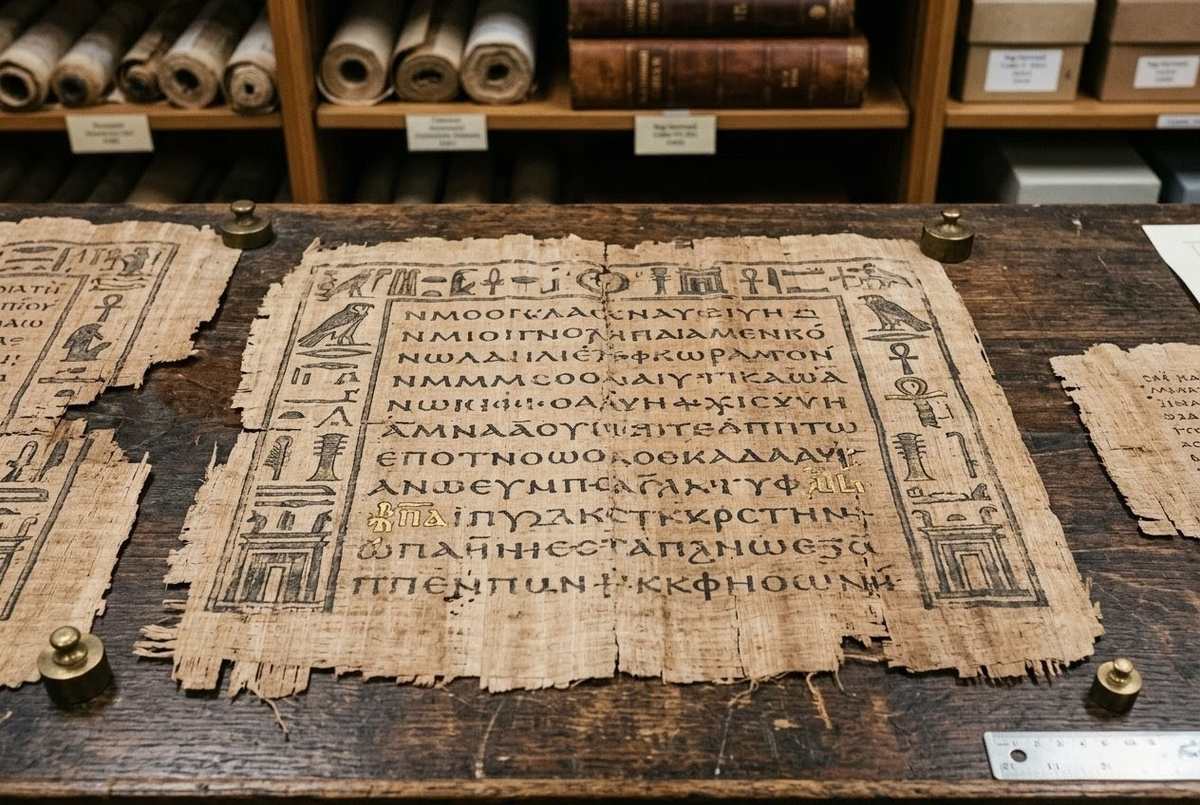 Ancient Coptic papyrus from Nag Hammadi Codex VI showing Hermetic text with Egyptian temple hieroglyphs