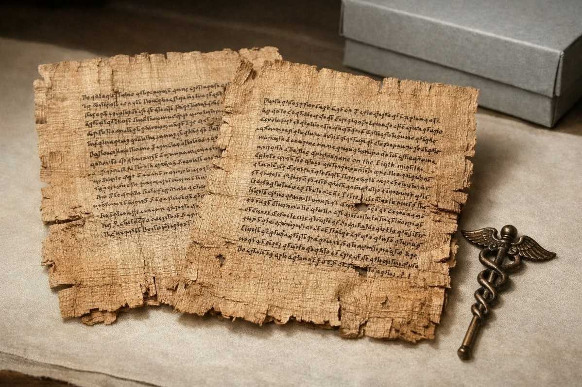 Ancient Coptic papyrus from Nag Hammadi Codex VI showing Hermetic text