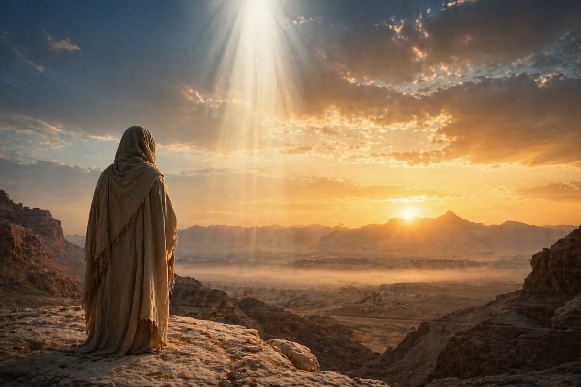 Solitary figure in contemplation before dawn with Egyptian landscape and ethereal light