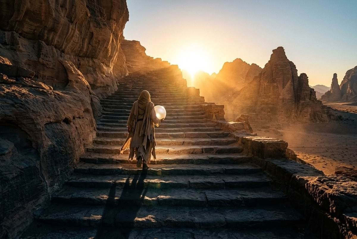 Solitary robed figure ascending ancient stone stairs toward sunrise, carrying a luminous pearl, desert landscape with dramatic shadows