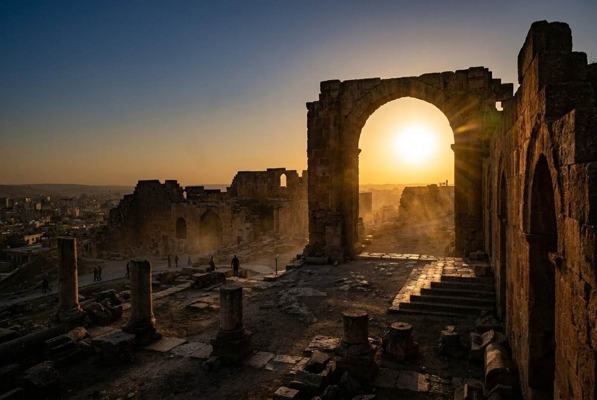 Ancient stone ruins of Edessa with dramatic sunset lighting showing Parthian-era architecture