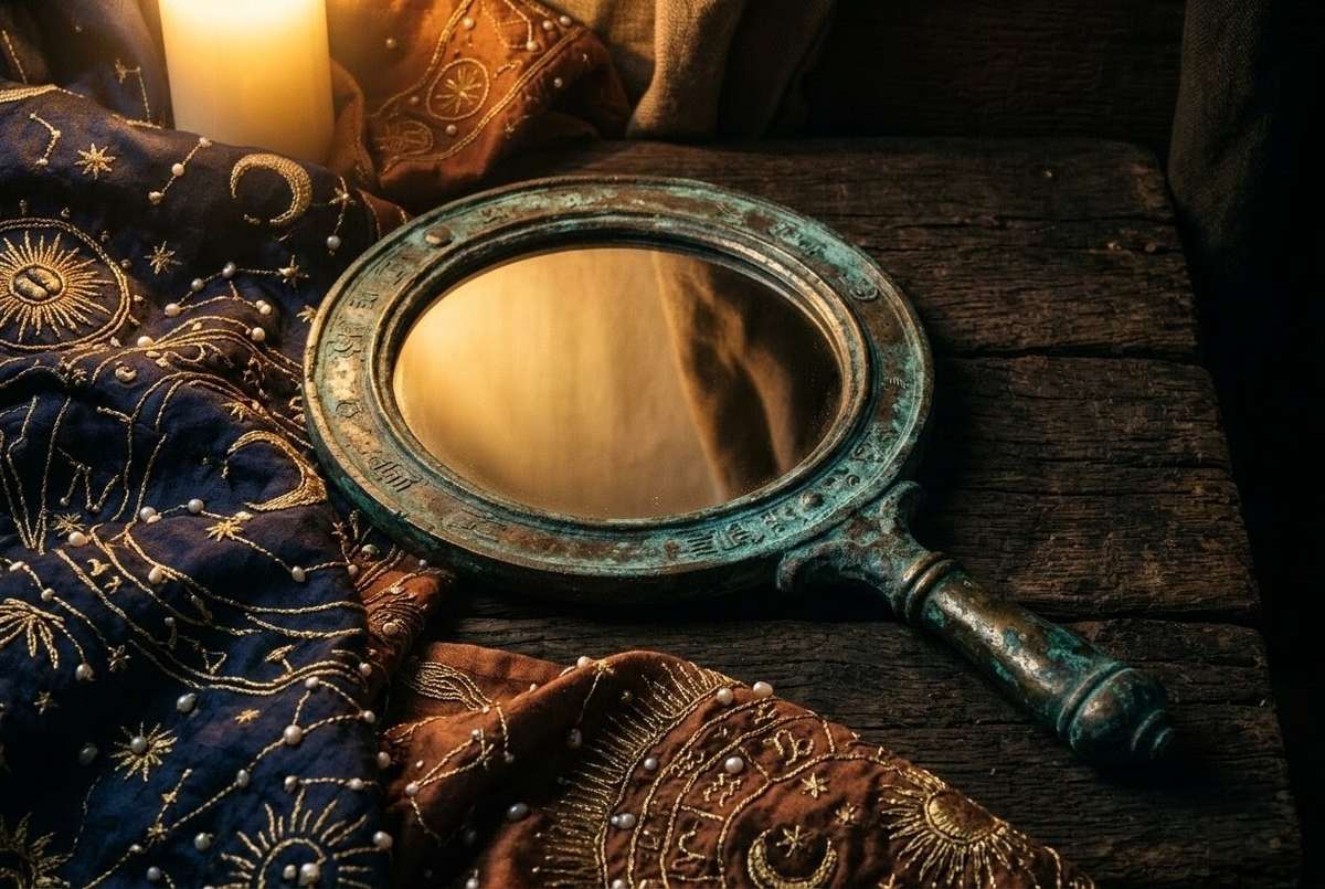 Ancient polished bronze mirror reflecting light, surrounded by folded silk robes with embroidered pearl patterns, dramatic chiaroscuro lighting