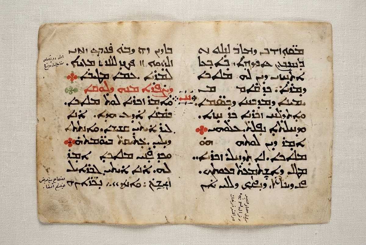 Tenth-century Syriac manuscript page showing Estrangela script with vocalization marks, museum archival lighting