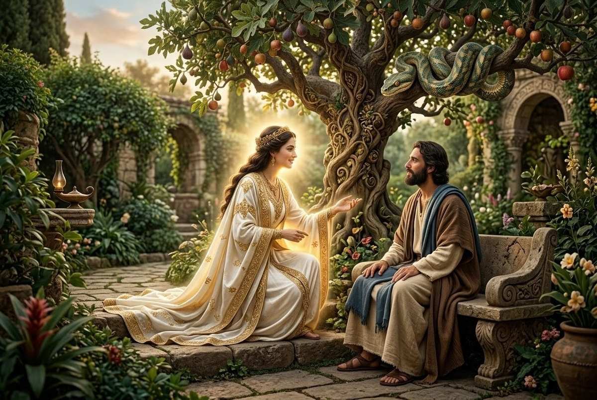 Radiant feminine figure teaching awakened man with tree of knowledge and serpent in background