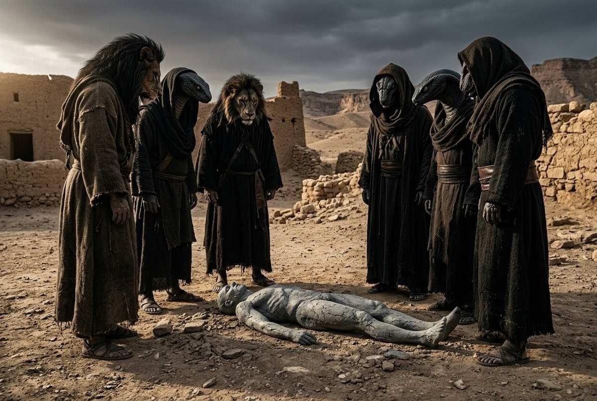 Lifeless clay humanoid figure lying on ground with shadowy archons standing over failed creation