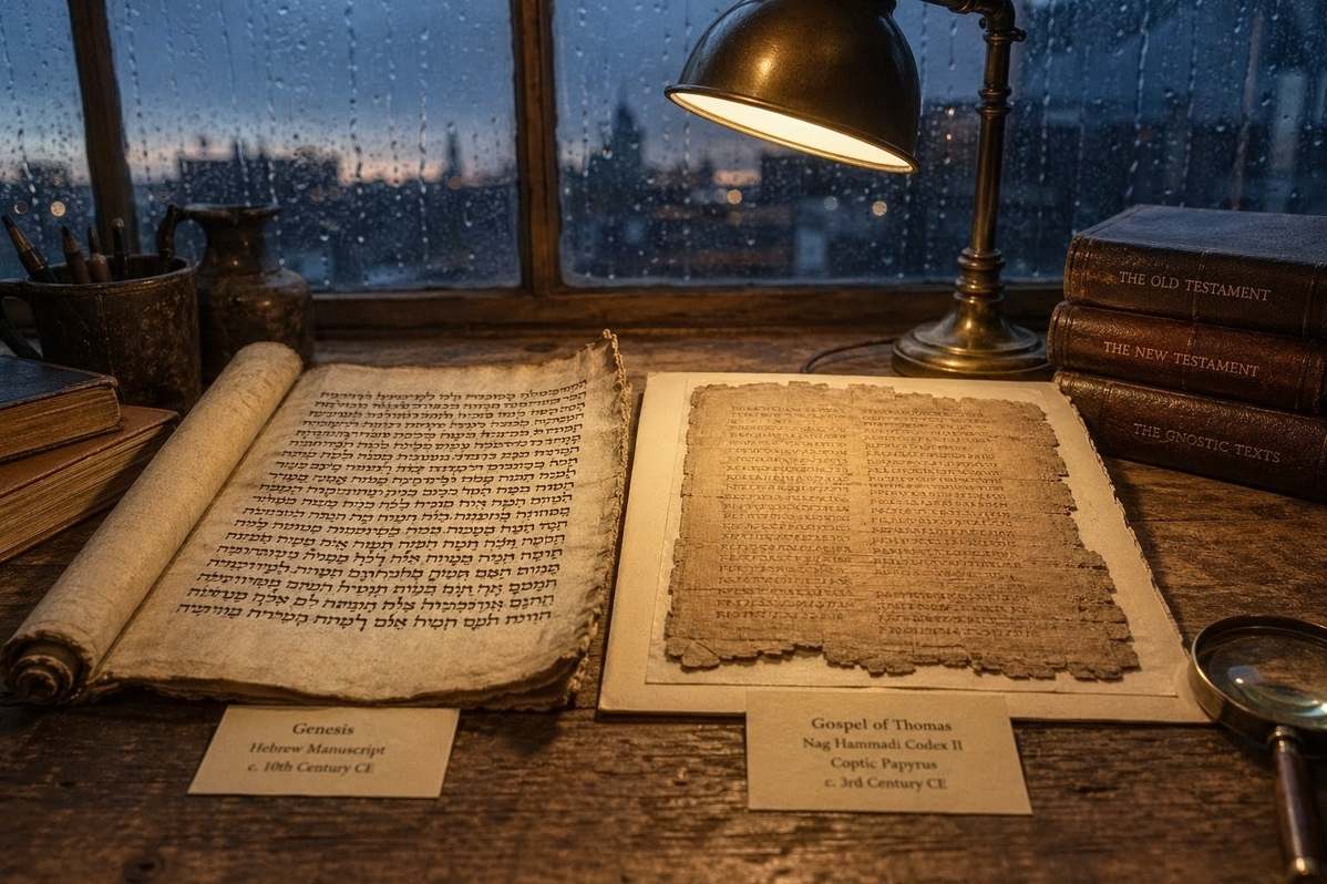 Modern reader comparing ancient Genesis text with open Nag Hammadi codex in scholarly study