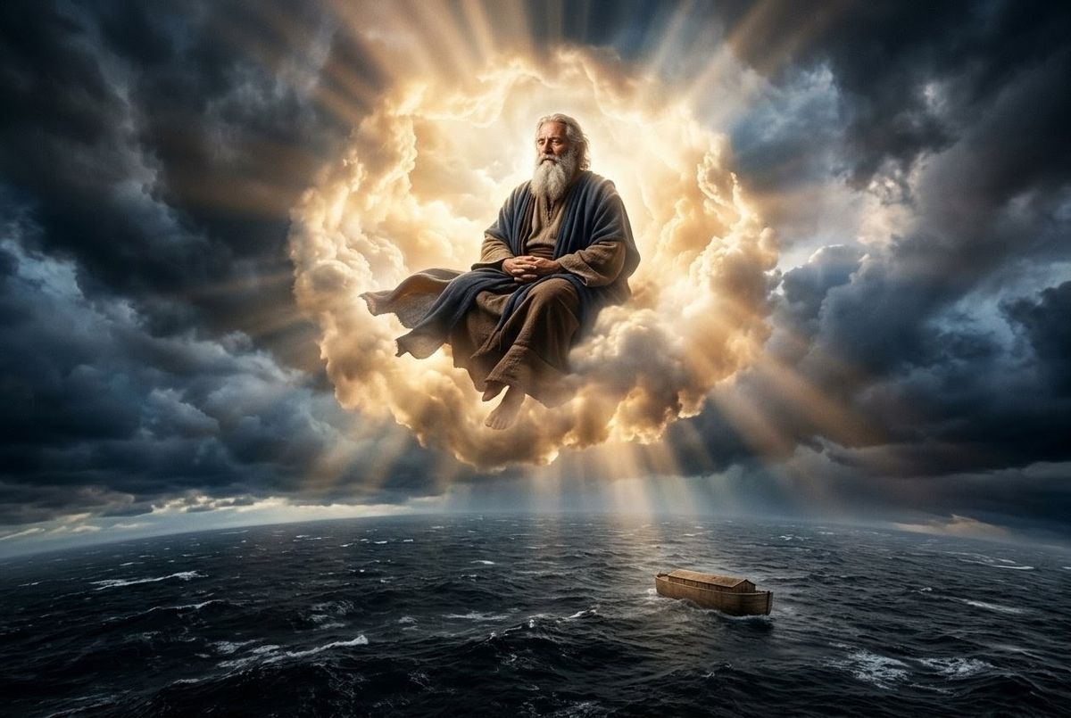 Figure floating in luminous cloud above flood waters with wooden ark as distant decoy