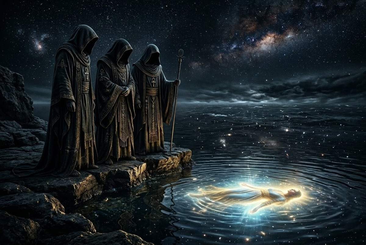 Shadowy celestial rulers gazing into cosmic waters seeing divine reflection