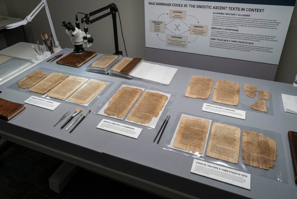 Collection of ancient Coptic codex pages showing the texts of Allogenes Marsanes Hypsiphrone and Three Steles of Seth together