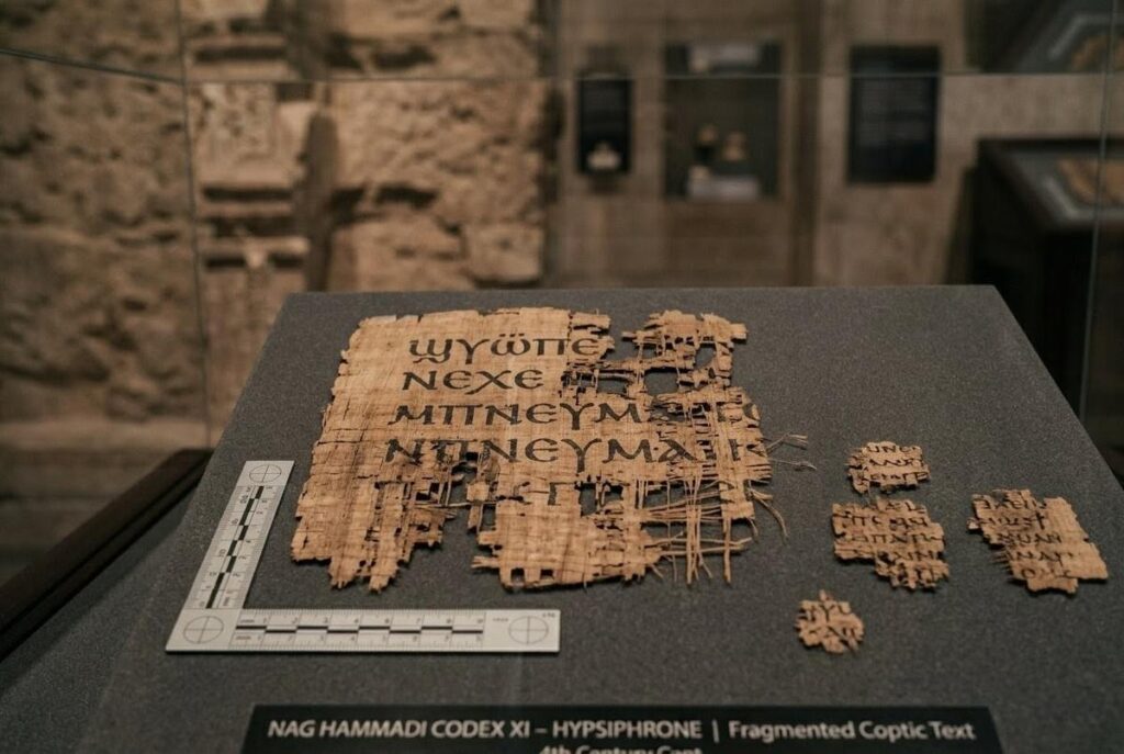 Ancient damaged Coptic manuscript fragments showing the text of Hypsiphrone with missing sections and preserved mystical ascent narrative