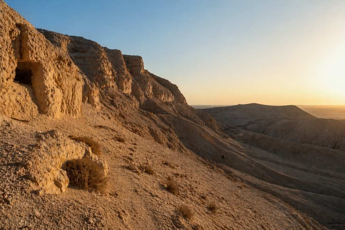 Desert landscape at Jabal al-Tarif showing the burial site where Codex IV was discovered