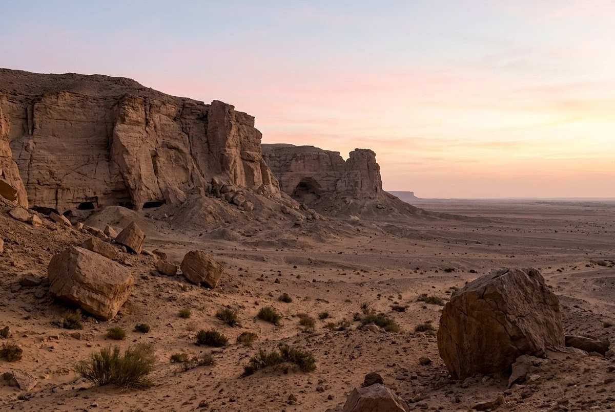Desert dawn at Jabal al-Tarif with limestone cliffs where Codex V was buried