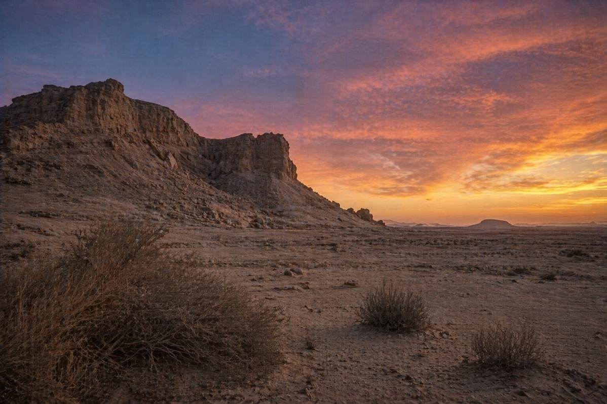 Desert evening at Jabal al-Tarif with limestone cliffs where Codex III was discovered