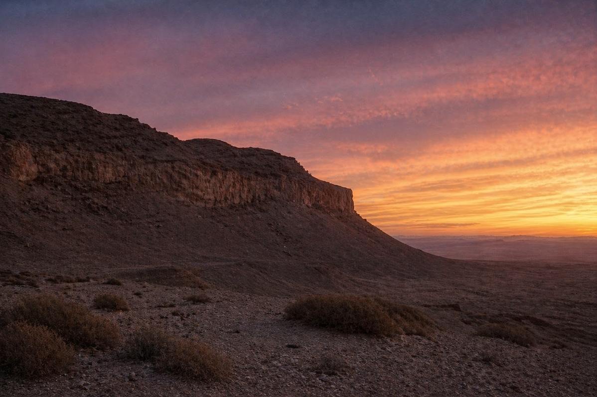 Desert twilight at Jabal al-Tarif with limestone cliffs where Codex VII was buried