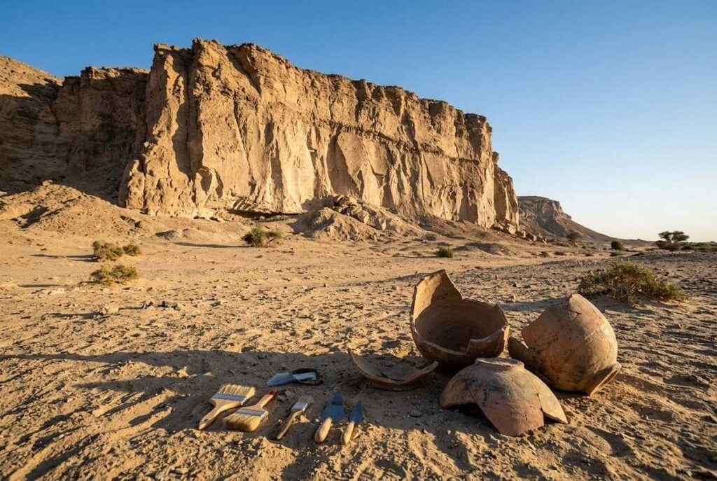 Desert landscape at Jabal al-Tarif near Nag Hammadi, Egypt, showing the cliff where the Gnostic codices were discovered