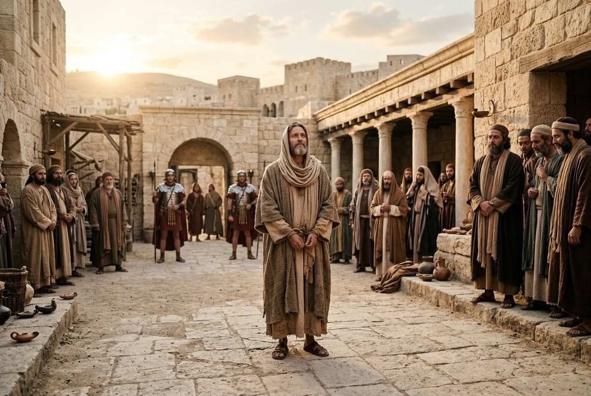 Ancient scene of James facing martyrdom with serene expression while robed figures look on