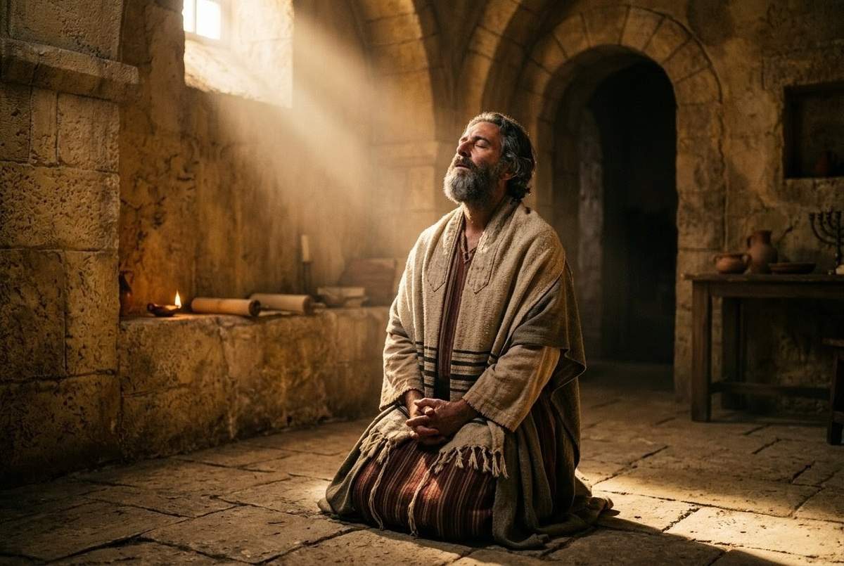Ancient mystical scene showing James in transformation with celestial light descending in domed chamber