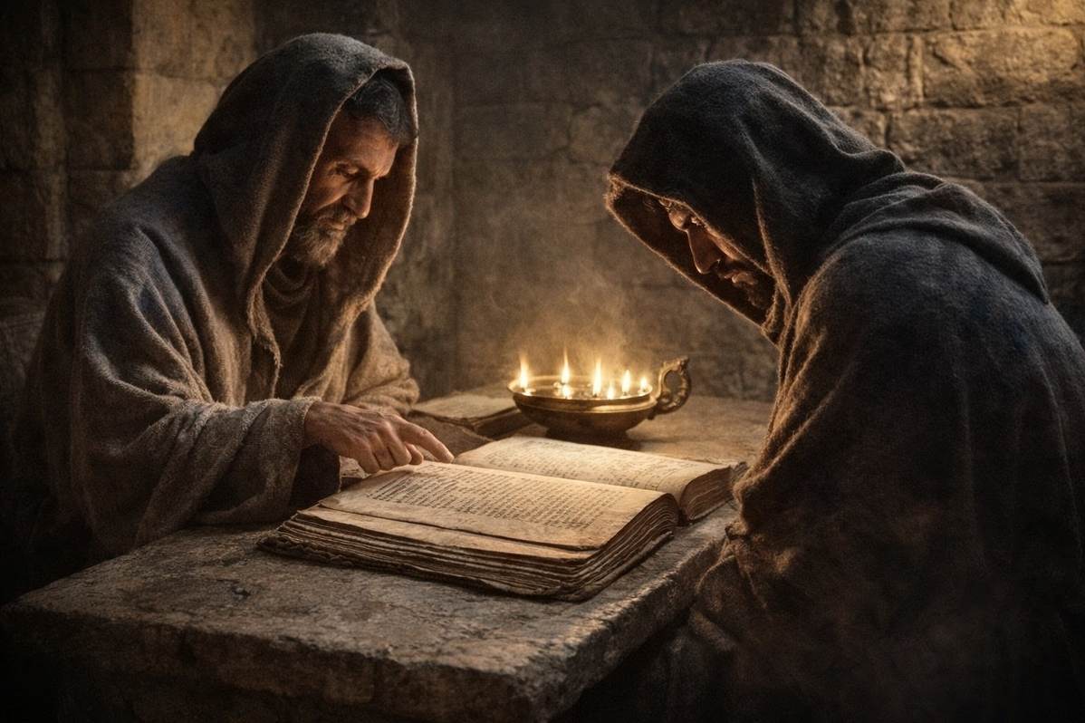 Ancient scribal chamber with two figures studying secret texts by lamp light