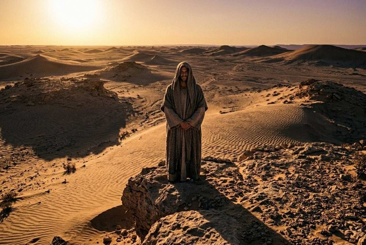 Contemplative figure in desert landscape with expression of transcendent amusement