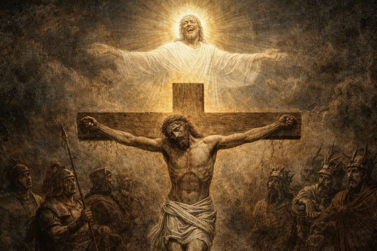 Ancient artistic depiction of the spiritual Christ laughing above the cross while material substitute suffers below