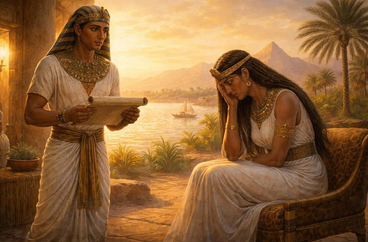 Ancient Egyptian painting of a royal messenger delivering a scroll to a seated figure representing the letter from the Father