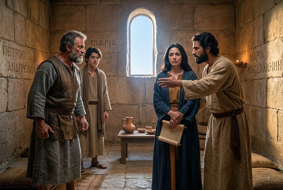 Levi (Matthew) standing protectively beside Mary Magdalene confronting Andrew and Peter