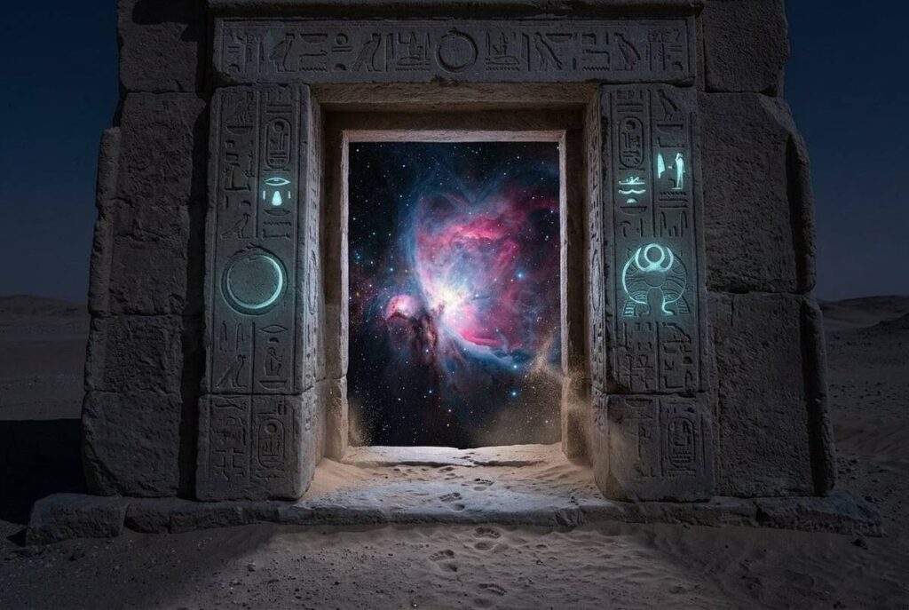 Ancient stone doorway opening onto infinite starfield