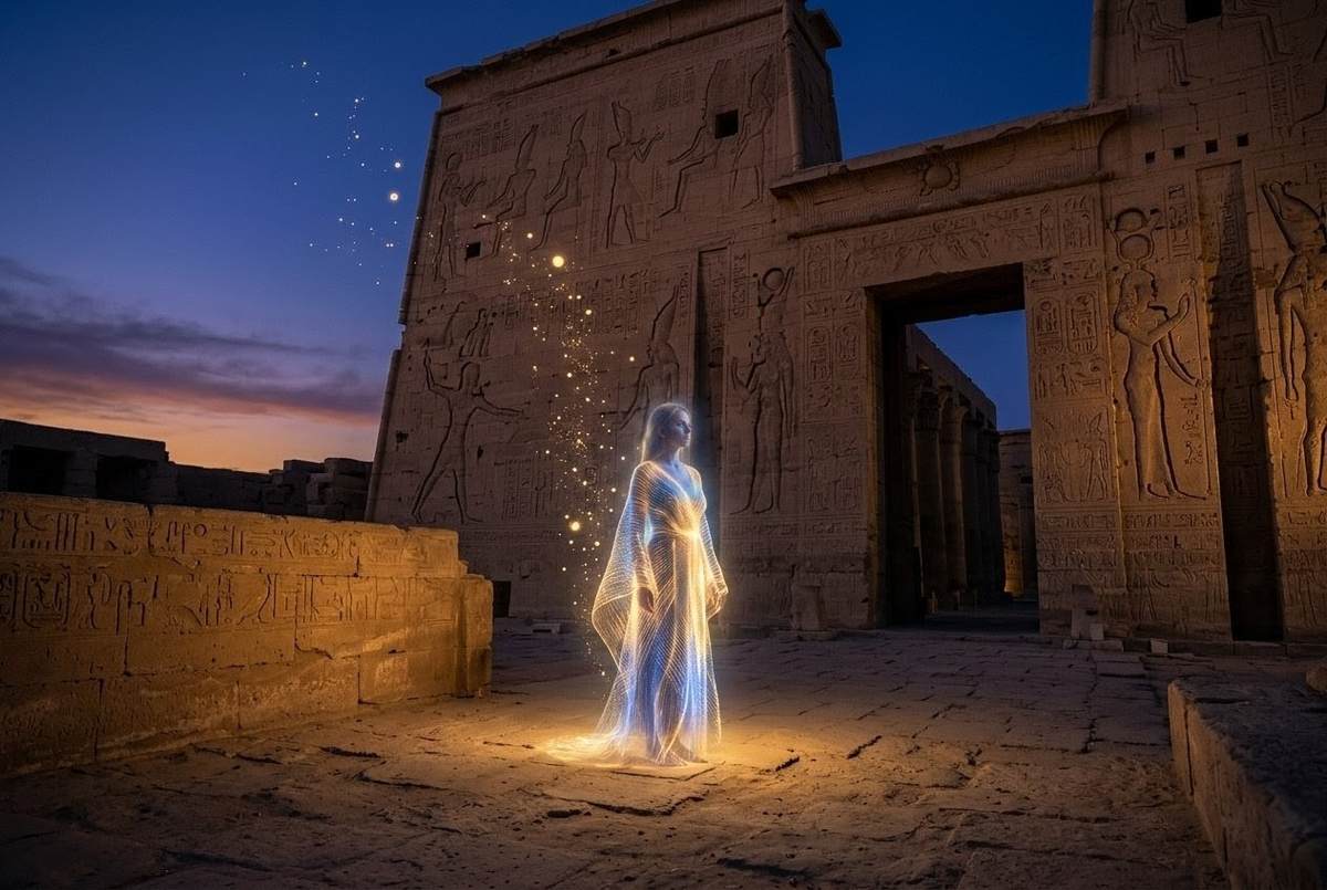 Ethereal figure clothed in radiant light standing before ancient Egyptian temple