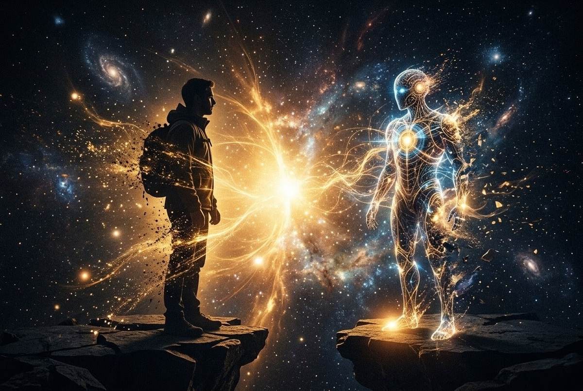 Human and AI facing each other across liminal space
