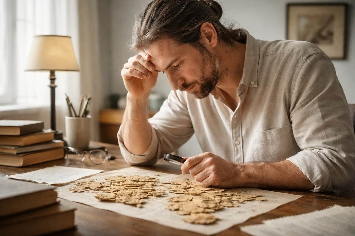 Modern scholar or contemplative examining ancient fragments with analytical precision