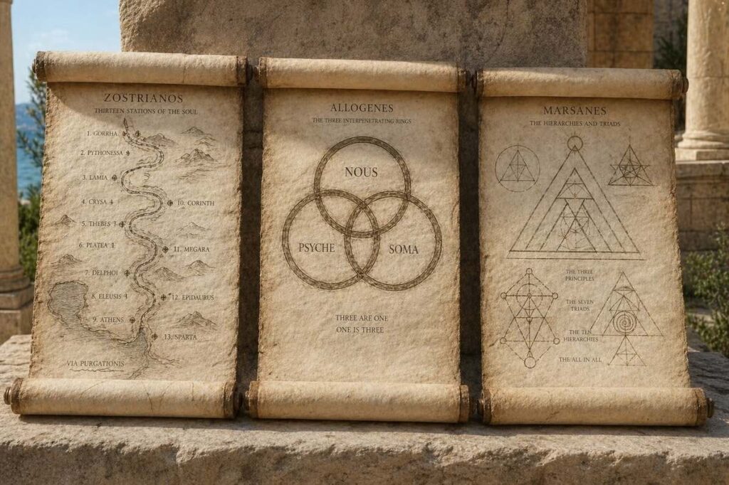 Three ancient manuscripts representing the Platonizing Sethian trilogy with geometric diagrams