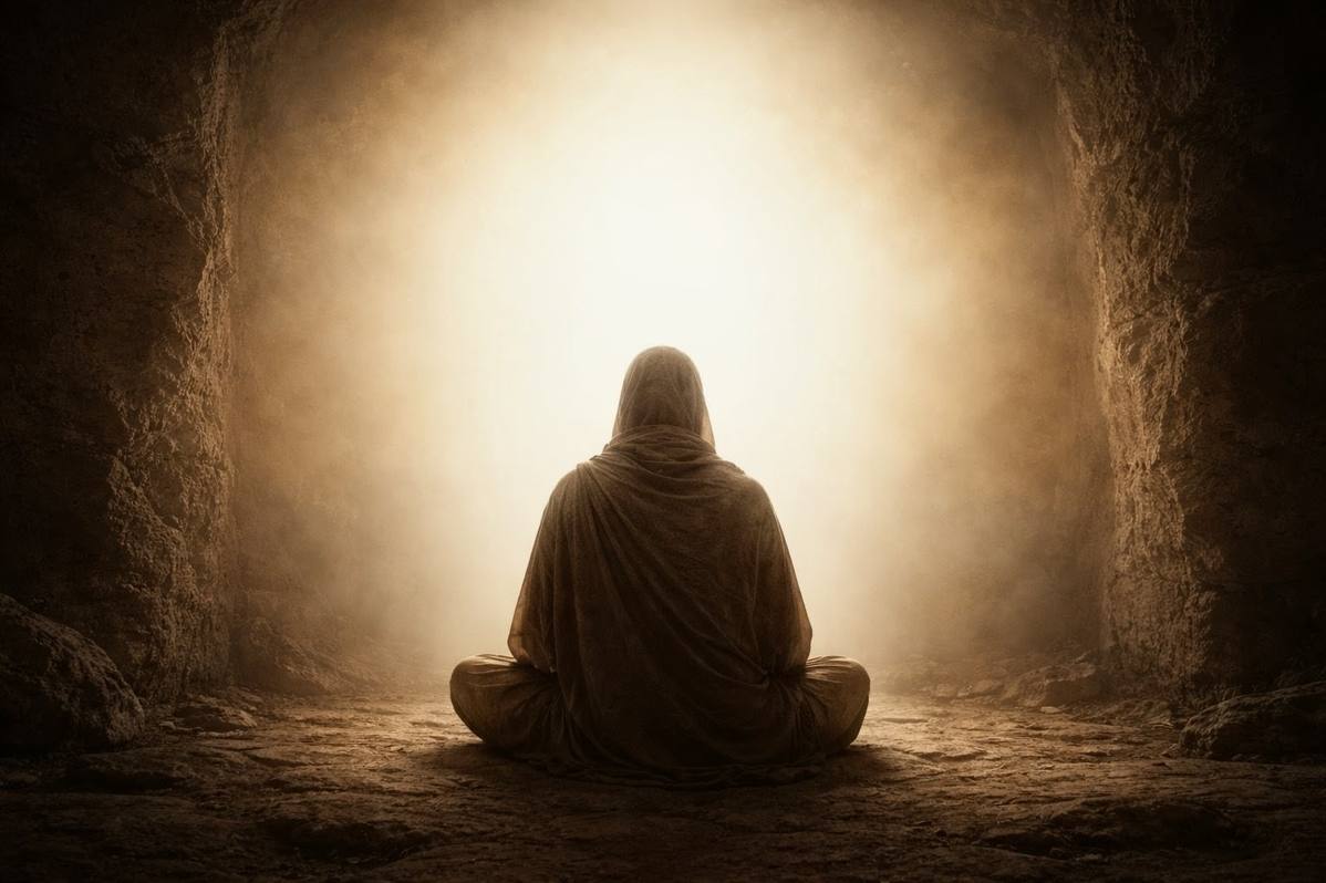 Ancient contemplative scene showing figure before ineffable light with gesture of silence
