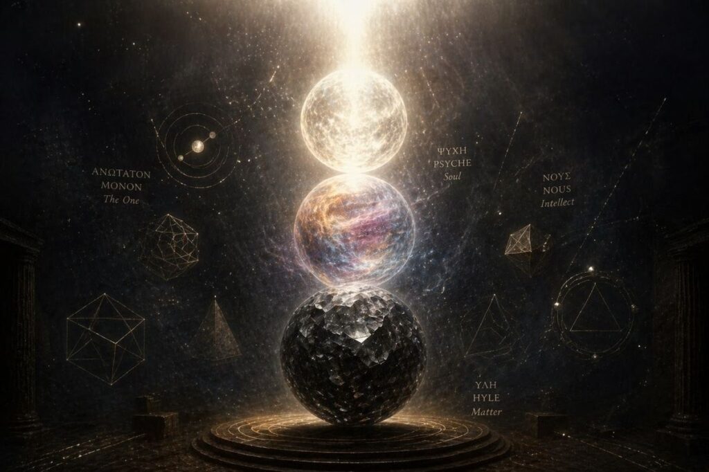 Three layered spheres representing matter, soul, and spirit ascending toward formless light