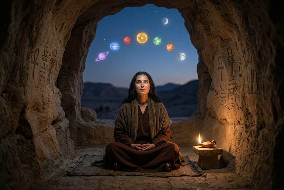 Contemplative Mary Magdalene in desert cave setting with seven planetary spheres faintly visible in sky