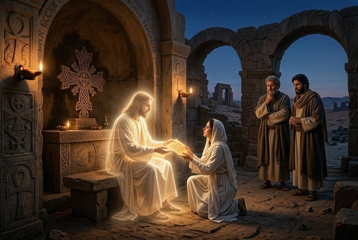 Ancient scene showing Mary Magdalene receiving secret teachings from Jesus with disciples in background