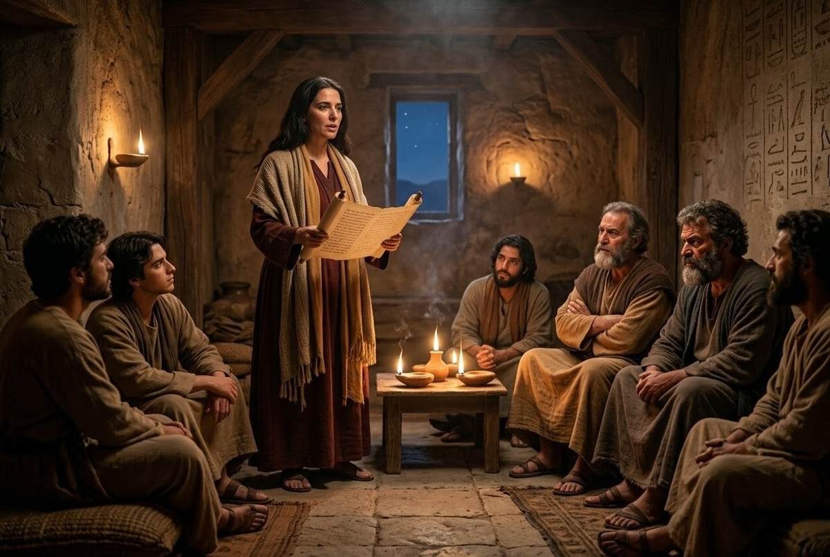 Mary Magdalene standing before the apostles teaching with scroll in hand while Peter and Andrew look sceptical
