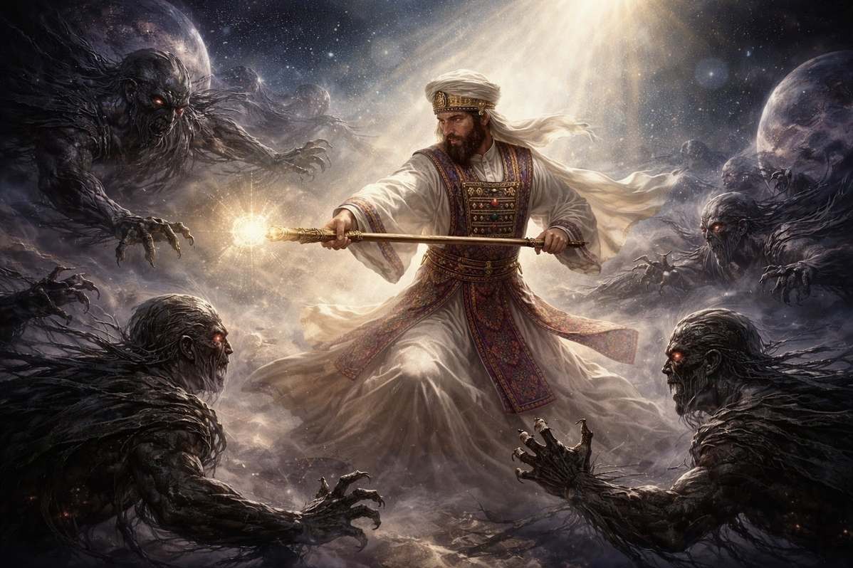 Celestial battle scene with priestly warrior figure confronting dark archontic powers