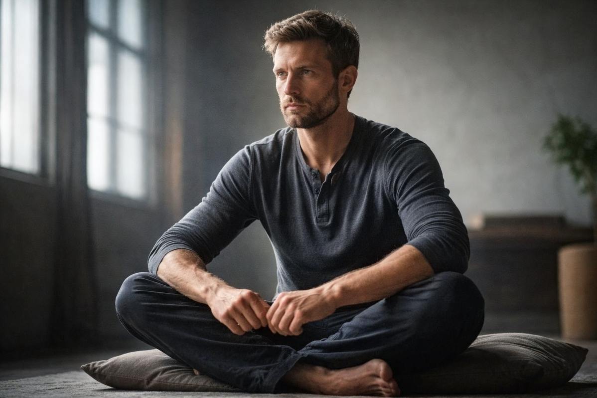 Contemplative warrior figure in modern setting suggesting interior spiritual combat