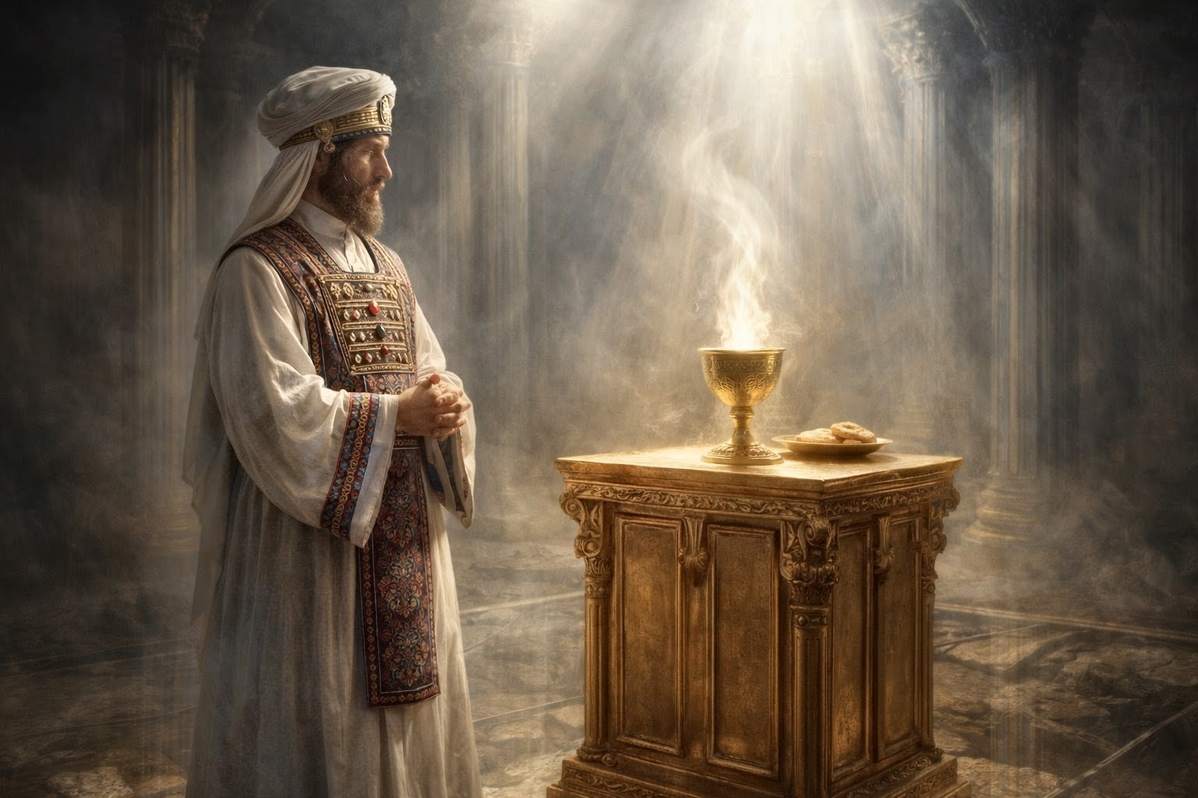 Ancient priestly figure in celestial sanctuary setting with altar and heavenly light