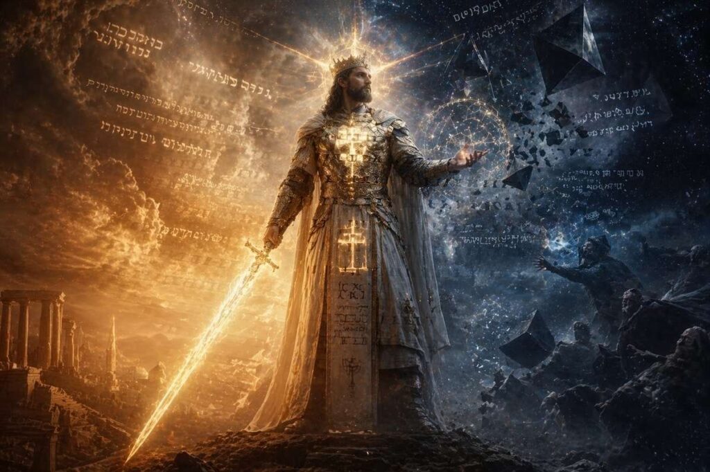 Celestial warrior priest in luminous armour standing between heavenly and earthly realms