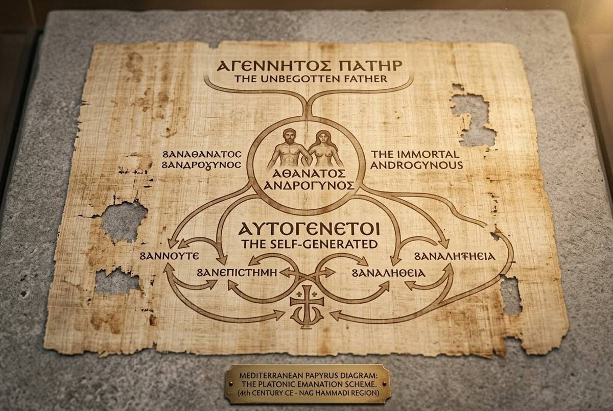 Ancient diagram showing Platonic emanation from Unbegotten Father through Immortal Androgynous to Self-Generated beings