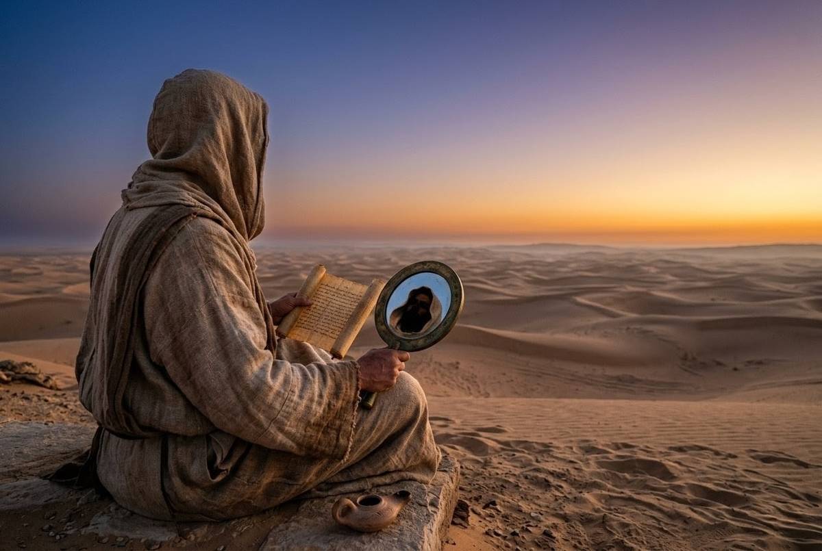 Solitary figure contemplating an ancient text by candlelight representing the mirror of recognition in Gnostic practice