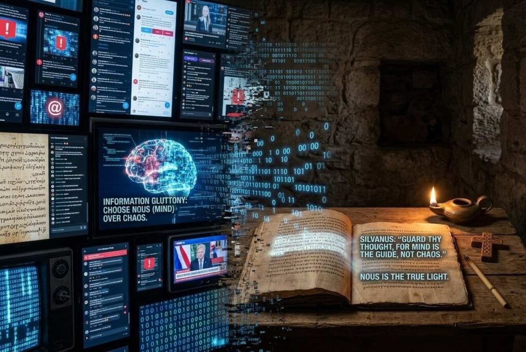 Modern person in digital environment maintaining contemplative focus amidst glowing screens and algorithmic interference